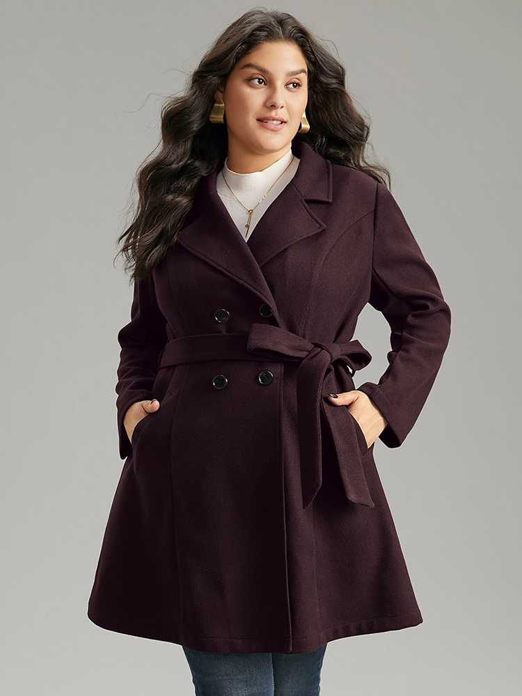 

Plus Size Solid Pocket Double Breasted Belted Coat Women Eggplant Casual Plain Ladies Dailywear Winter Coats BloomChic