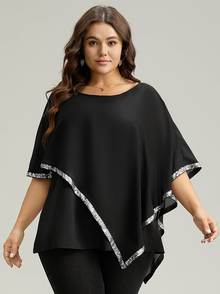 Plus Size Black Sequin Patchwork Asymmetrical Dolman Sleeve Blouse Women Glamour Half Sleeve Round Neck Festival-Christmas Blouses BloomChic 10/M 