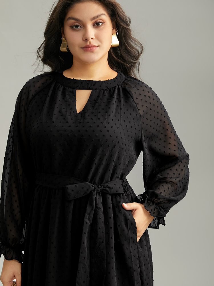 

Plus Size Chiffon Texture Belted Mesh Keyhole Frill Trim Dress Black Women Office Texture Keyhole Cut-Out Long Sleeve Curvy Midi Dress BloomChic