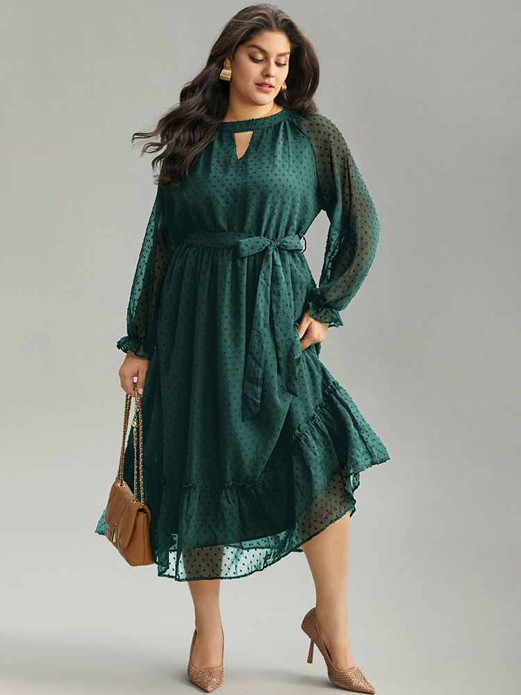 

Plus Size Chiffon Texture Belted Mesh Keyhole Frill Trim Dress Cyan Women Office Texture Keyhole Cut-Out Long Sleeve Curvy Midi Dress BloomChic