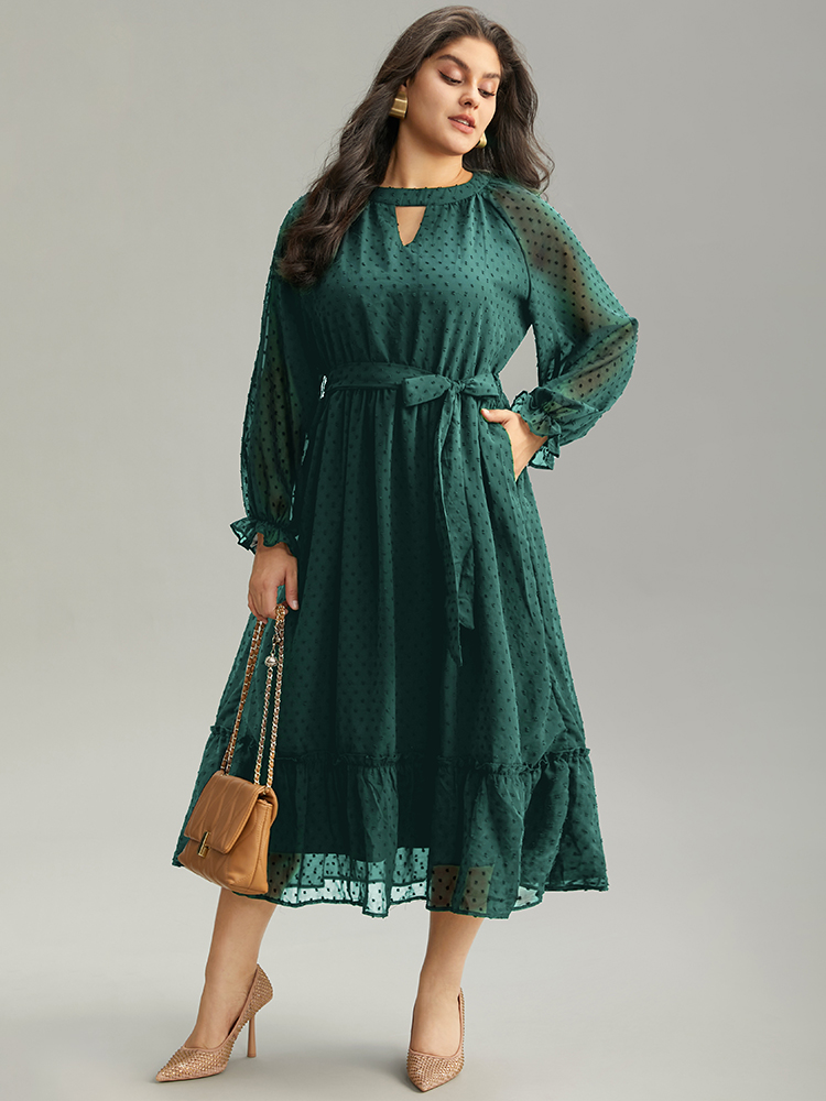 

Plus Size Chiffon Texture Belted Mesh Keyhole Frill Trim Dress Cyan Women Office Texture Keyhole Cut-Out Long Sleeve Curvy Midi Dress BloomChic