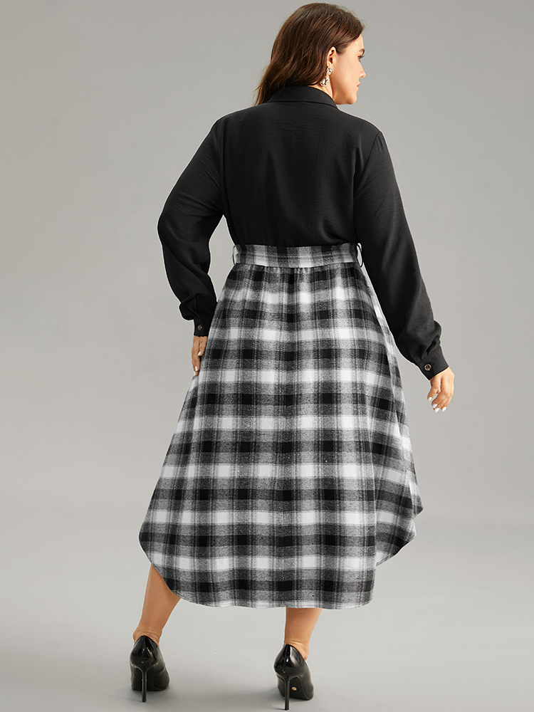 Plus Size Women Work Plaid Arc Hem Regular Sleeve Long Sleeve Shirt collar Pocket Belt Office Dresses BloomChic 