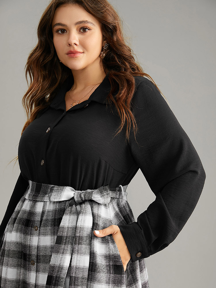 

Plus Size Plaid Patchwork Button Through Belted Dress Black Women Belted Shirt collar Long Sleeve Curvy Midi Dress BloomChic