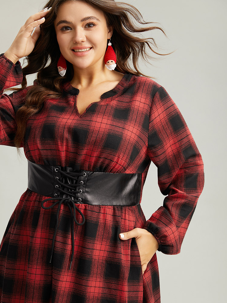 

Plus Size Plaid Lace Up PU Leather Notched Dress Raspberry Women Elegant Elastic cuffs Notched collar Long Sleeve Curvy Midi Dress BloomChic