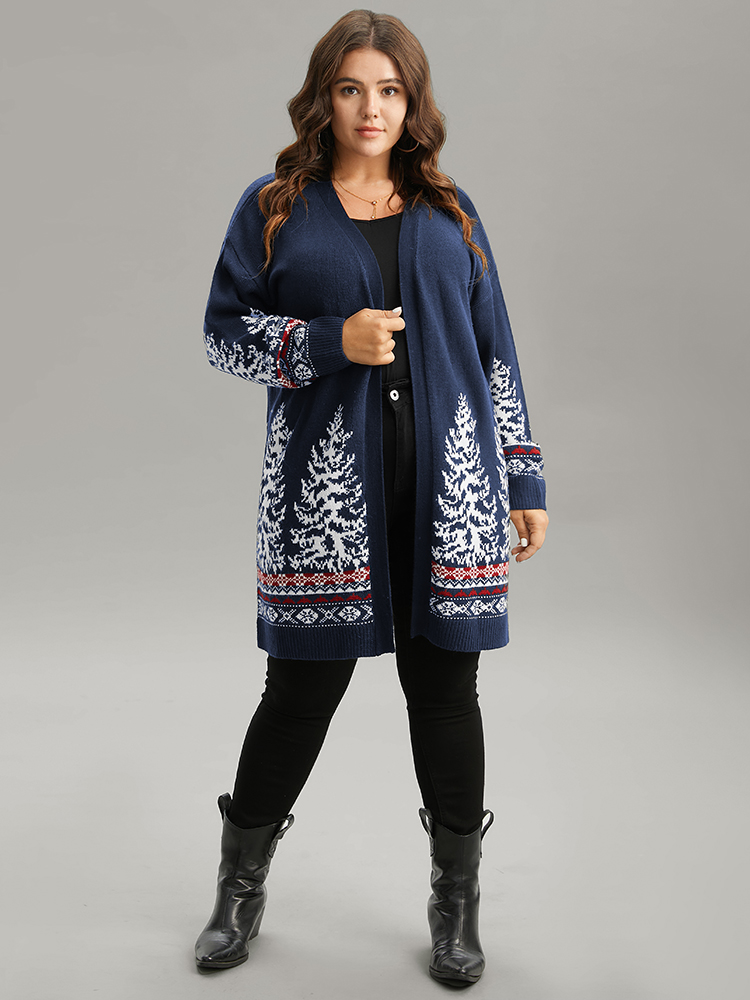 

Plus Size Christmas Trees Contrast Cardigan Midnight Women Casual Loose Long Sleeve Festival-Christmas Cardigans BloomChic