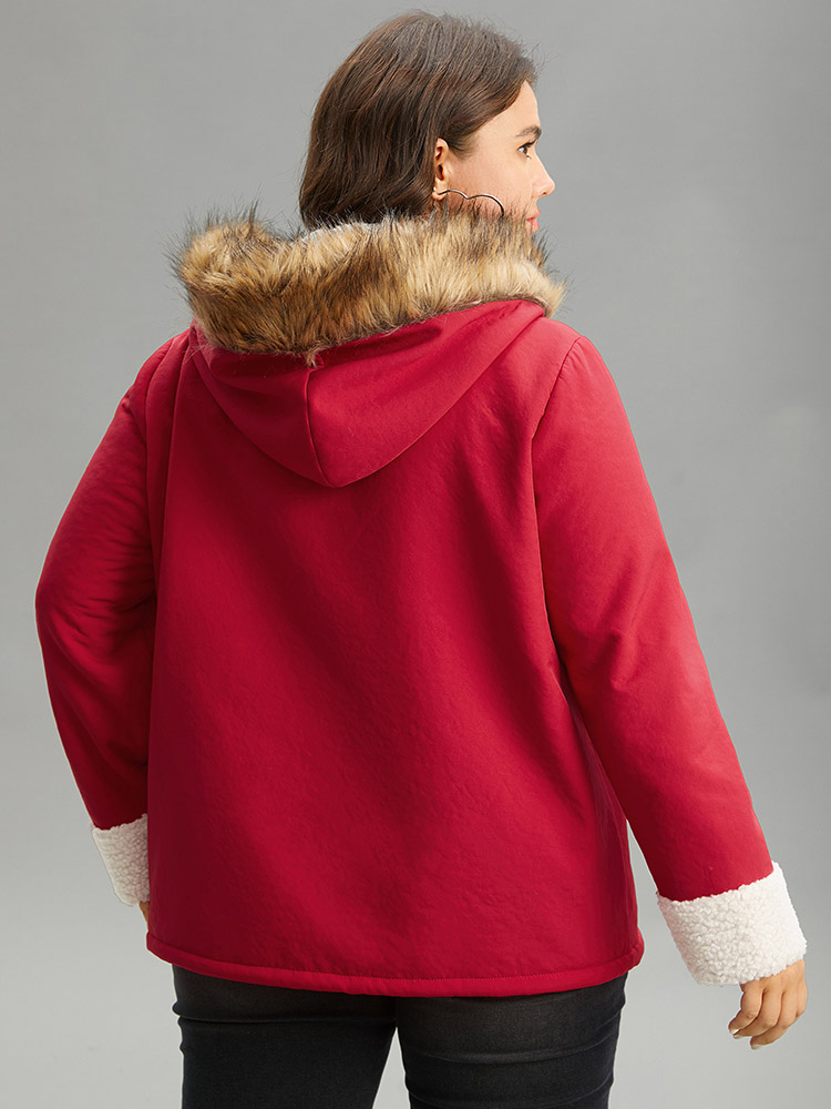 

Plus Size Patchwork Fuzzy Trim Pocket Hooded Jacket Women Red Casual Contrast Ladies Party Winter Coats BloomChic