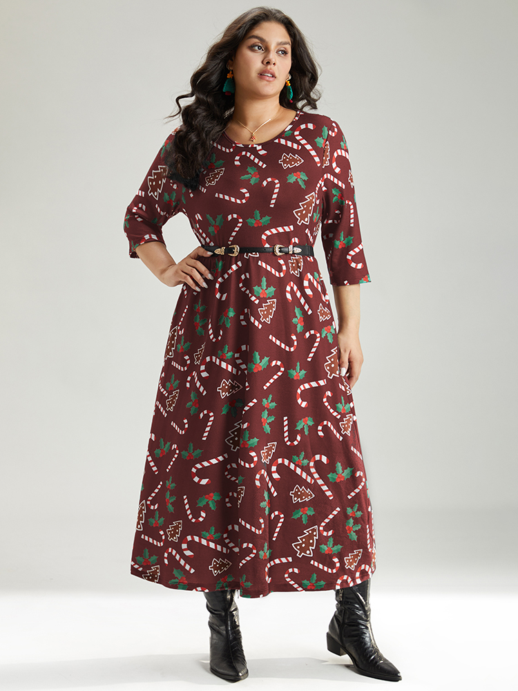 

Plus Size Christmas Print Pocket Elastic Waist Dress Burgundy Women Casual Printed Round Neck Long Sleeve Curvy Midi Dress BloomChic