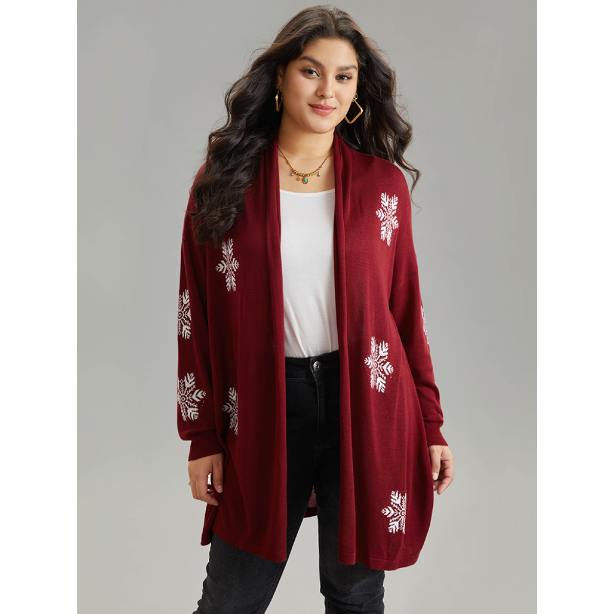 

Plus Size Supersoft Essentials Snowflake Lapel Collar Cardigan Scarlet Women Casual Loose Long Sleeve Festival-Christmas Cardigans BloomChic
