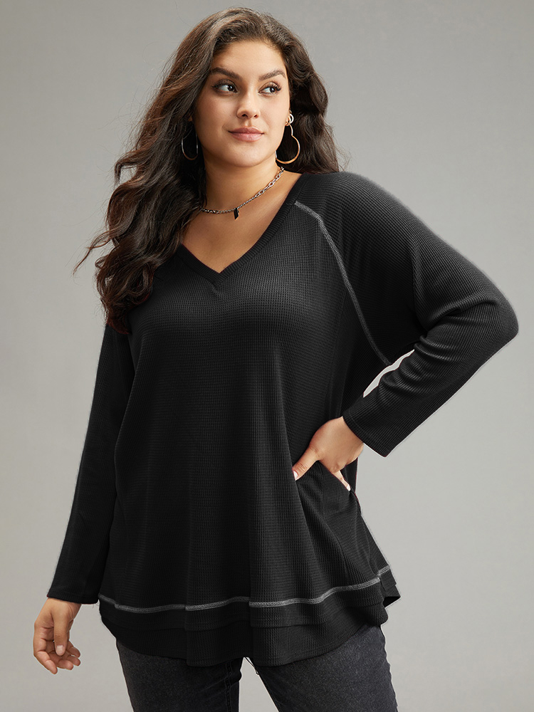 

Plus Size Plain Textured Stitch Raglan Sleeve Sweatshirt Women Black Casual Plain V-neck Everyday Sweatshirts BloomChic