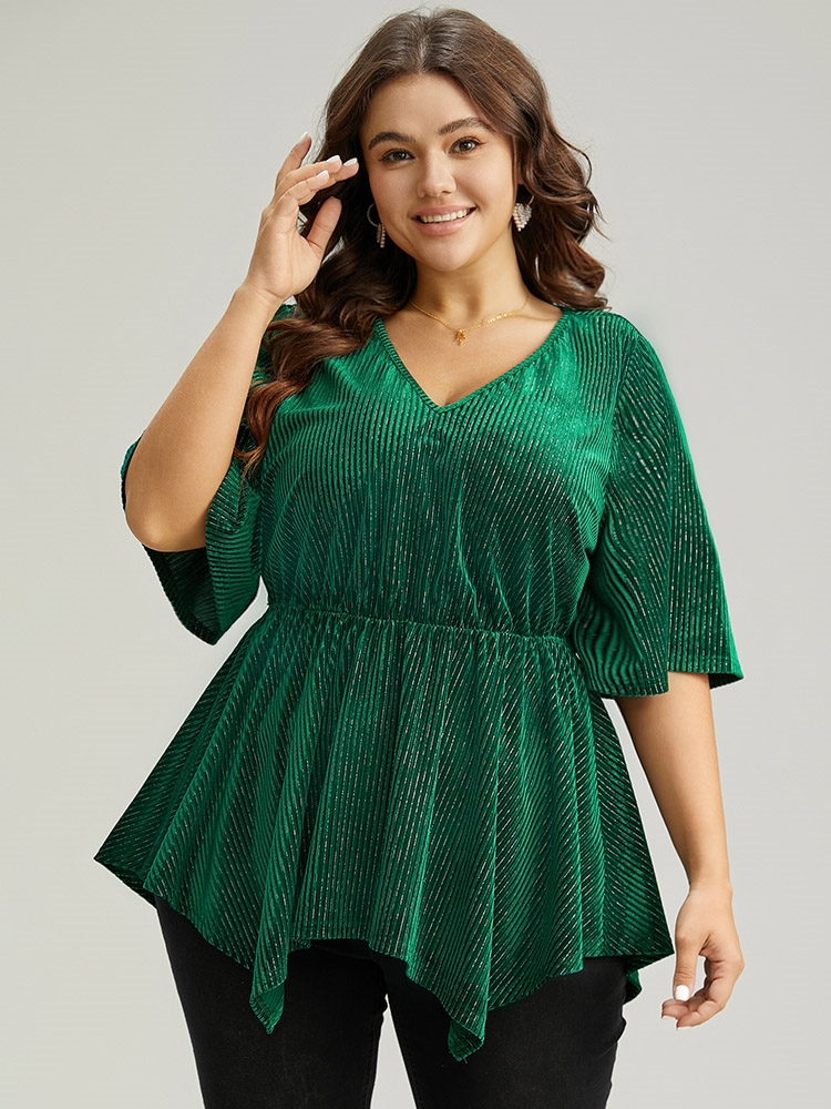 Plus Size DarkGreen Velvet Elastic Waist Ruffle Sleeve Hanky Hem Blouse Women Glamour Short sleeve V-neck Festival-Christmas Blouses BloomChic 30/6X 