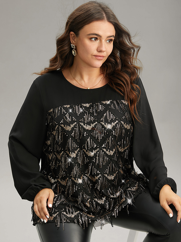 

Plus Size Black Sequin Tassel Trim Patchwork Lantern Sleeve Blouse Women Glamour Long Sleeve Round Neck Party Blouses BloomChic