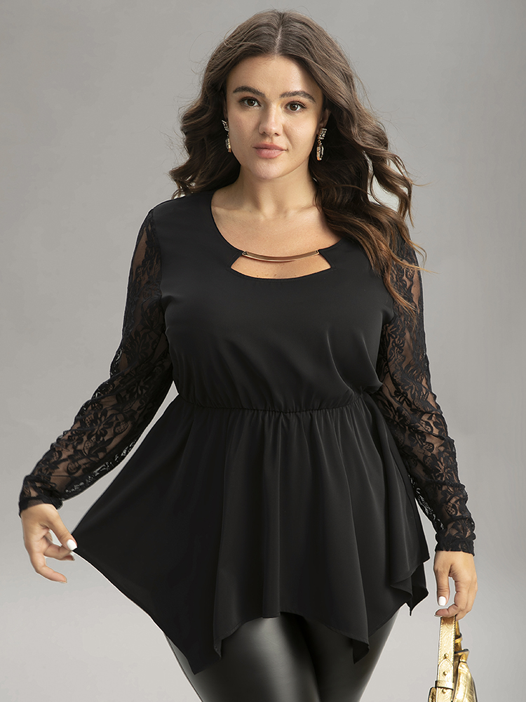 

Plus Size Black Guipure Lace Metal Detail Cut Out Hanky Hem Blouse Women Glamour Long Sleeve Round Neck Party Blouses BloomChic