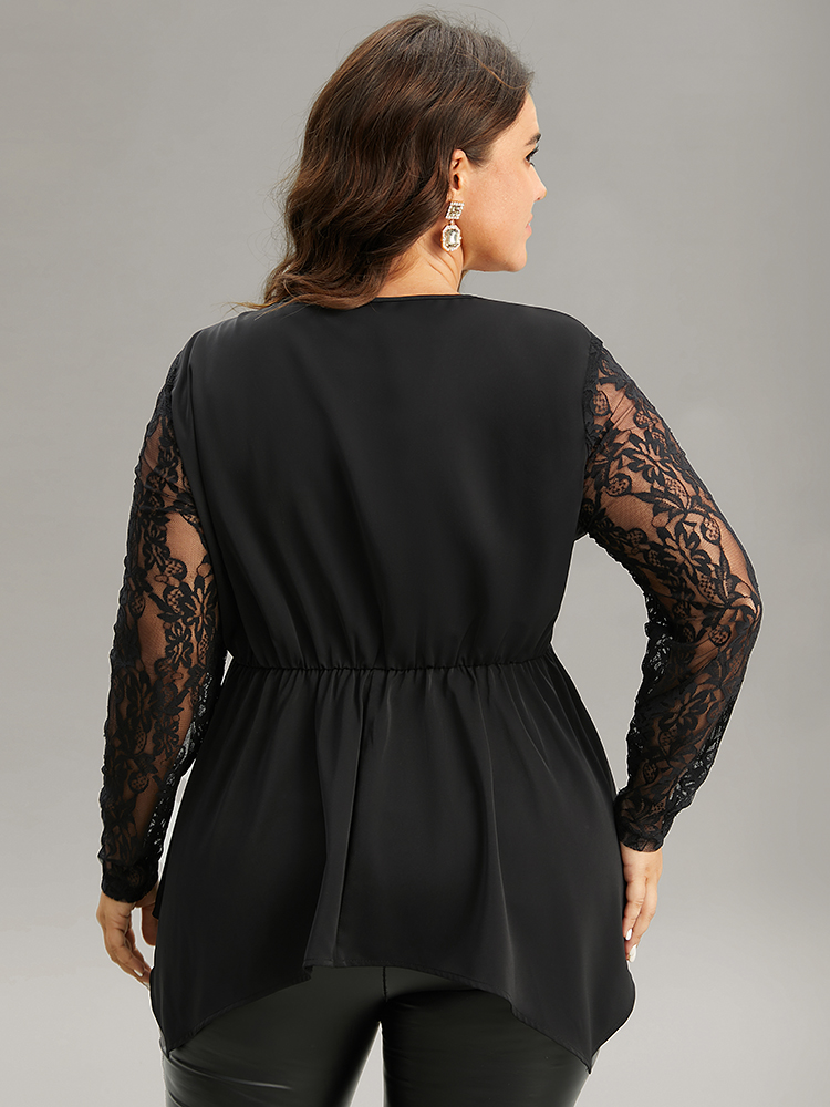 Plus Size Black Guipure Lace Metal Detail Cut Out Hanky Hem Blouse Women Glamour Long Sleeve Round Neck Party Blouses BloomChic 18-20/2X 