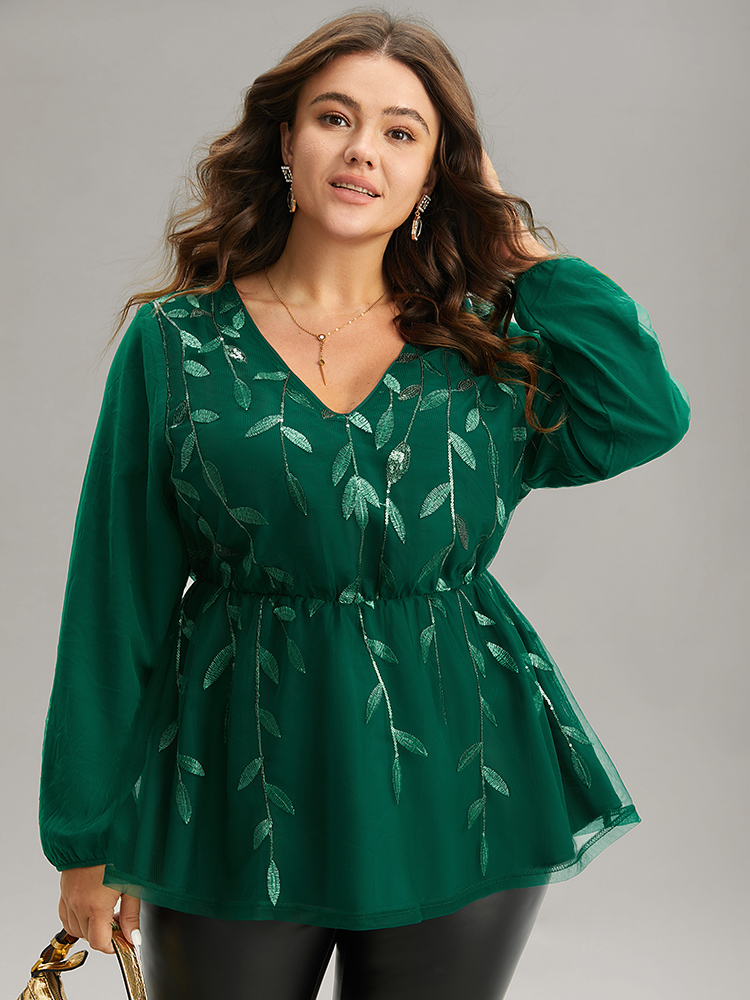 

Plus Size Green Leaves Embroidered Sequin Tiered Mesh Blouse Women Glamour Long Sleeve V-neck Party Blouses BloomChic