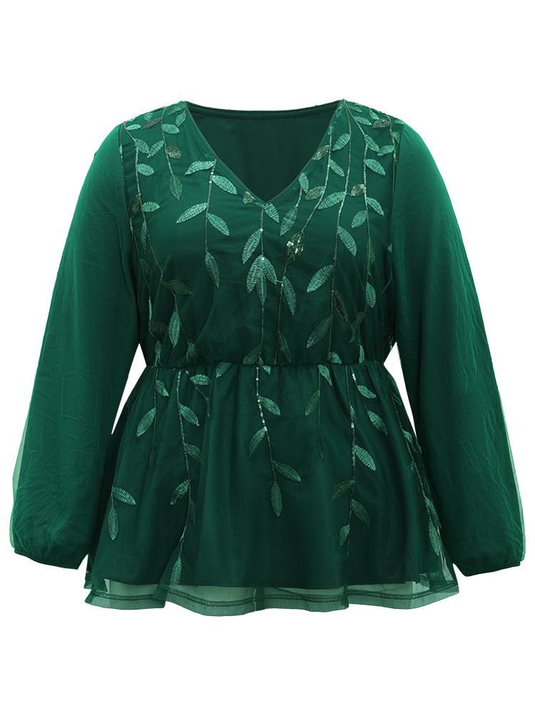 

Plus Size Green Leaves Embroidered Sequin Tiered Mesh Blouse Women Glamour Long Sleeve V-neck Party Blouses BloomChic