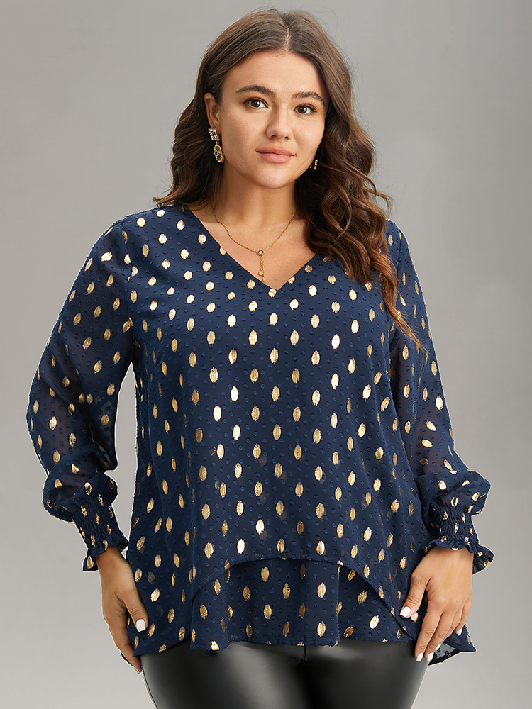 

Plus Size Midnight Glitter Polka Dot Textured Shirred Tiered Blouse Women Glamour Long Sleeve V-neck Party Blouses BloomChic