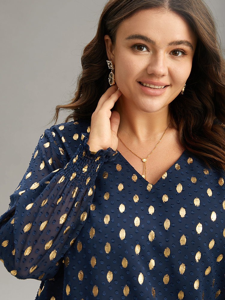 

Plus Size Midnight Glitter Polka Dot Textured Shirred Tiered Blouse Women Glamour Long Sleeve V-neck Party Blouses BloomChic