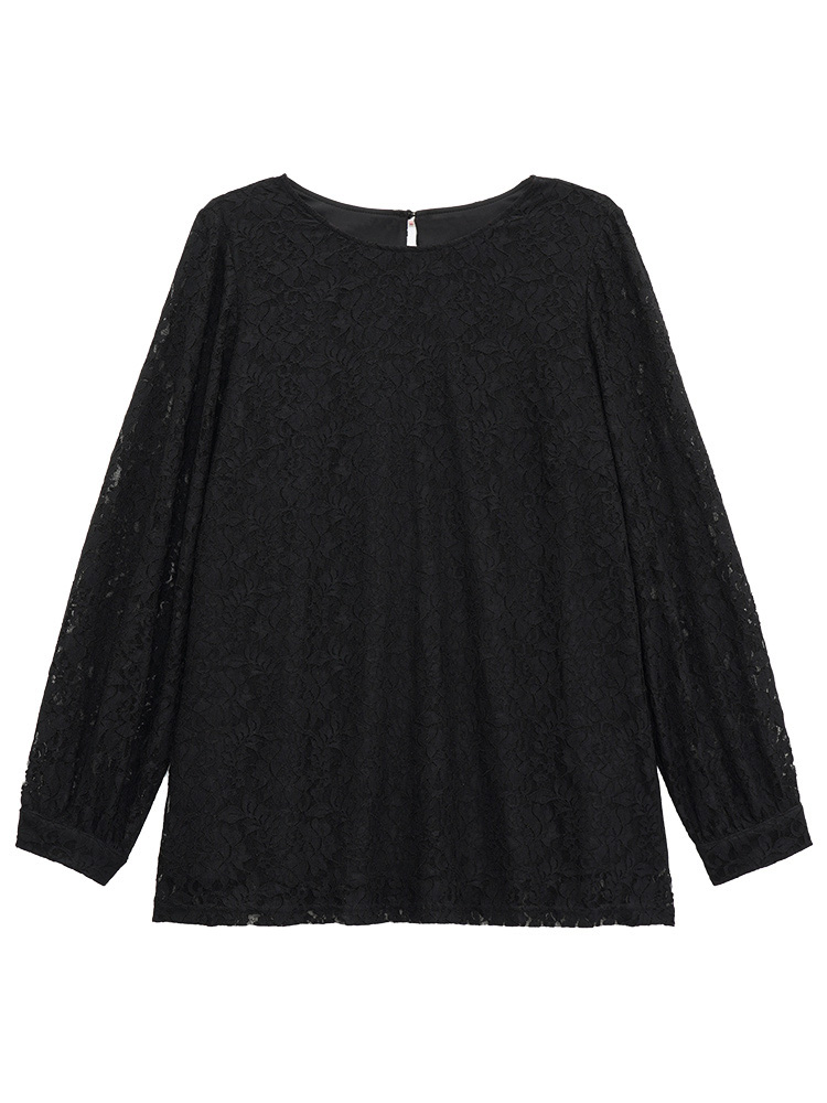 

Plus Size Black Solid Crochet Lace Mesh Crew Neck Blouse Women Cocktail Long Sleeve Round Neck Party Blouses BloomChic