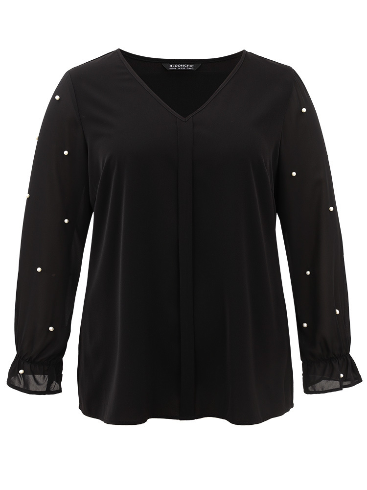 

Plus Size Black Pearl Beaded Mesh Patchwork Ruffles Blouse Women Cocktail Long Sleeve V-neck Party Blouses BloomChic