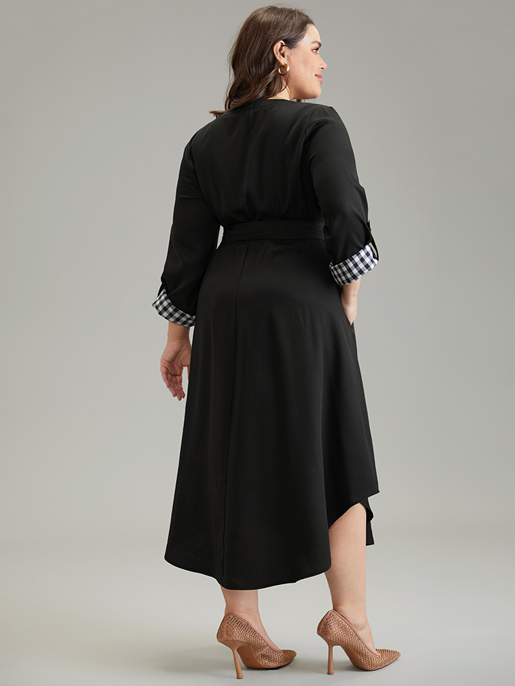 

Plus Size Gingham Notched Belted Curved Hem Tab Sleeve Dress Black Women Plain Notched collar Long Sleeve Curvy Midi Dress BloomChic