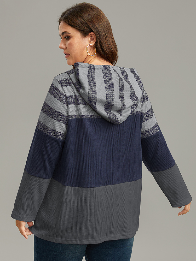 Plus Size Waffle Knit Striped Colorblock Hooded Sweatshirt Women Gray Casual Contrast Hooded Dailywear Sweatshirts BloomChic 26/4X 