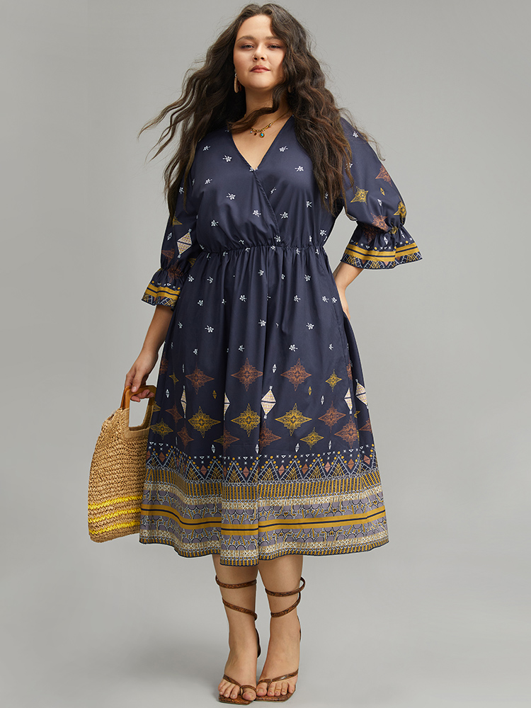 

Plus Size Boho Print Elastic Waist Elastic Cuffs Dress DarkBlue Women Printed V-neck Elbow-length sleeve Curvy Midi Dress BloomChic