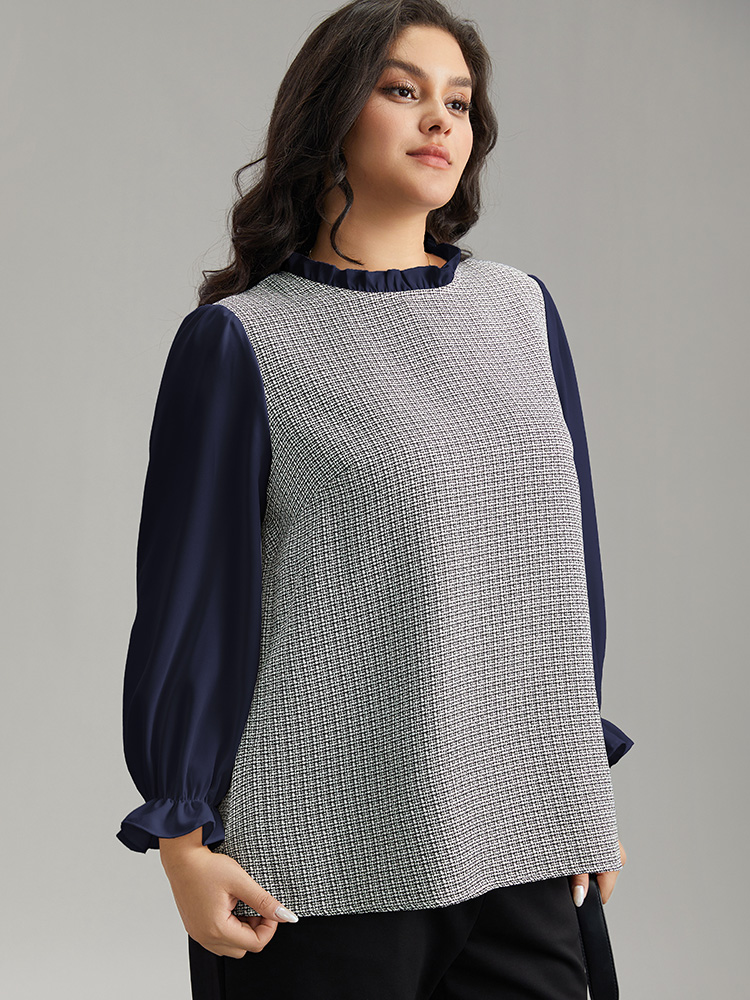 Plus Size Indigo Gingham Ruffles Patchwork Frill Trim Blouse Women Office Long Sleeve Stand-up collar Work Blouses BloomChic 26/4X 