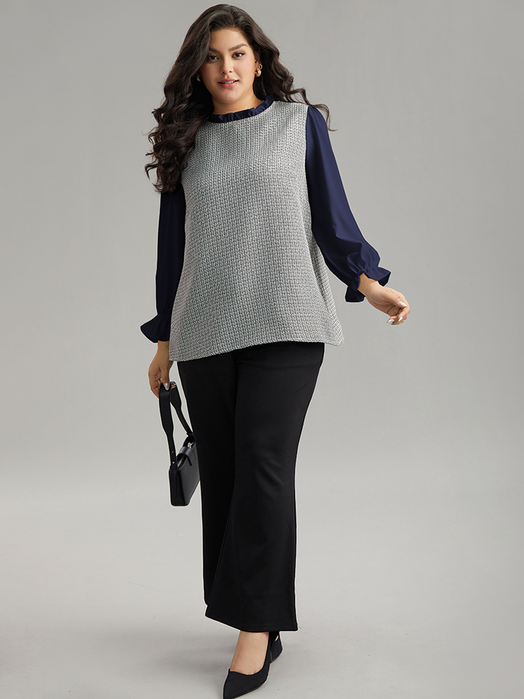 Plus Size Indigo Gingham Ruffles Patchwork Frill Trim Blouse Women Office Long Sleeve Stand-up collar Work Blouses BloomChic 26/4X 