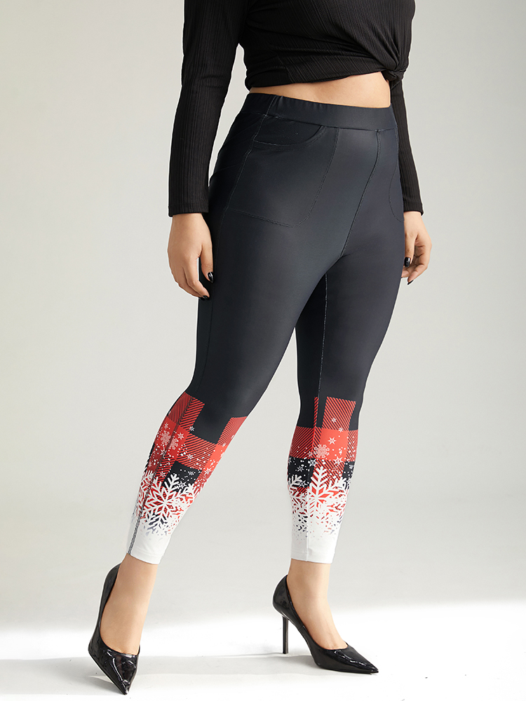 Plus Size Snowflakes Plaid Pocket Skinny Leggings Women Black Elegant High stretch Skinny High Rise Festival-Christmas Leggings BloomChic 30/6X 