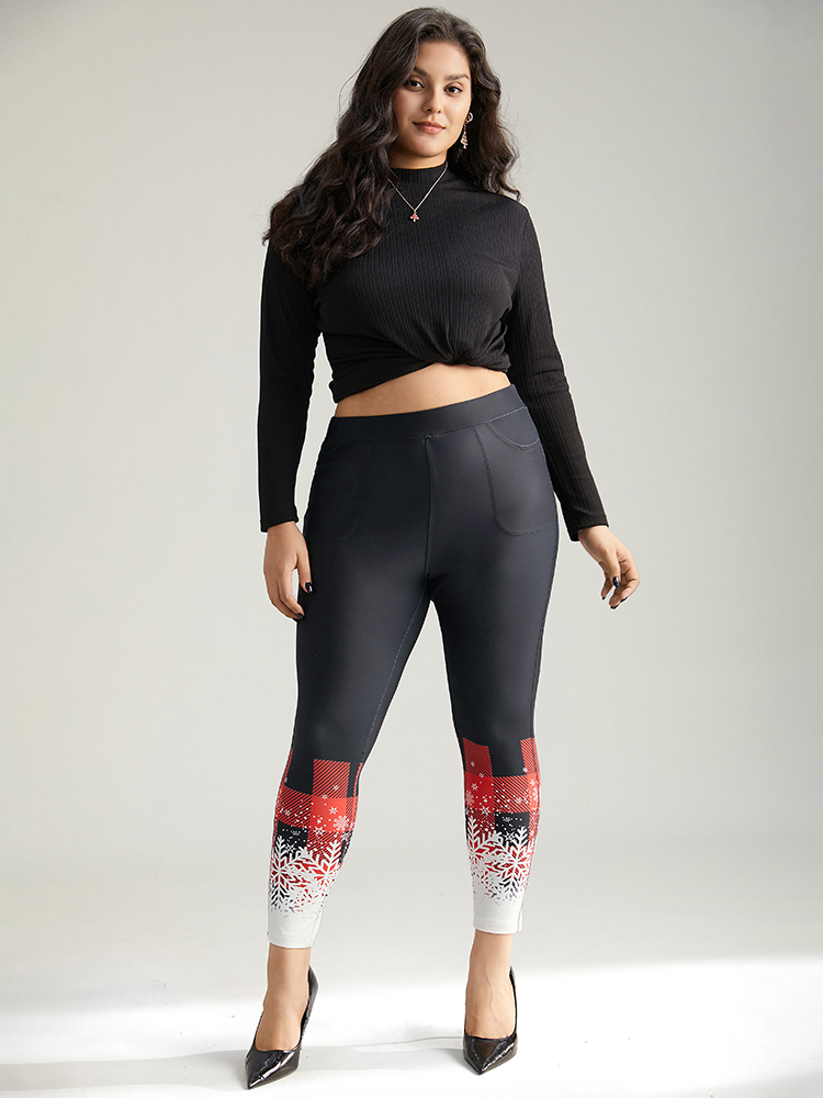 Plus Size Snowflakes Plaid Pocket Skinny Leggings Women Black Elegant High stretch Skinny High Rise Festival-Christmas Leggings BloomChic 30/6X 