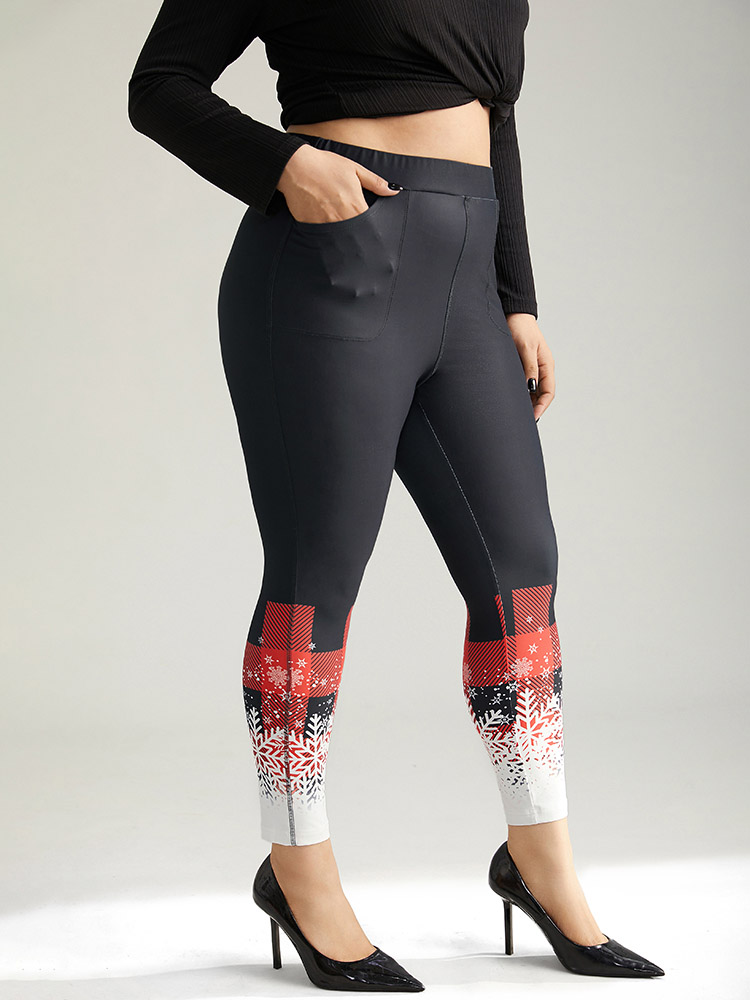 Plus Size Snowflakes Plaid Pocket Skinny Leggings Women Black Elegant High stretch Skinny High Rise Festival-Christmas Leggings BloomChic 30/6X 