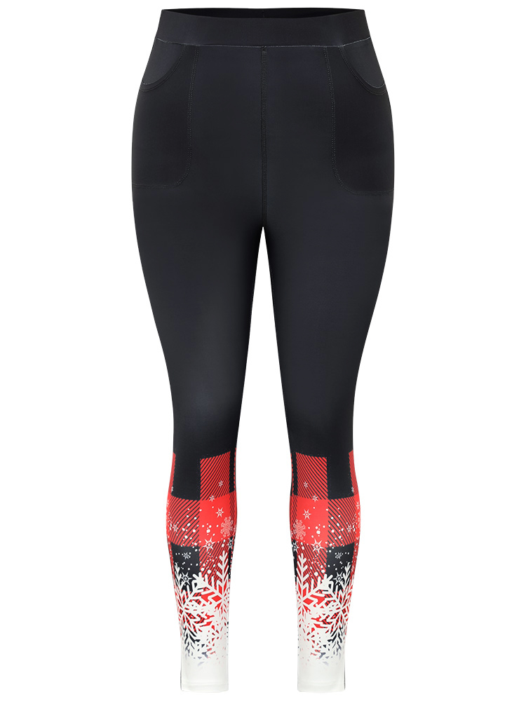 Plus Size Snowflakes Plaid Pocket Skinny Leggings Women Black Elegant High stretch Skinny High Rise Festival-Christmas Leggings BloomChic 30/6X 