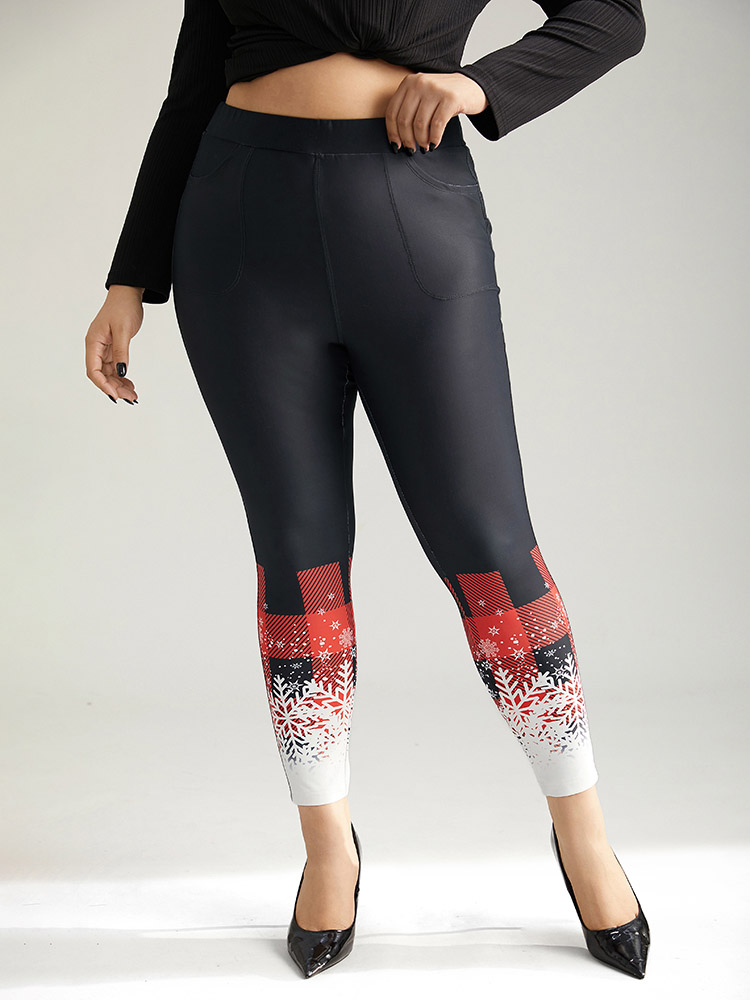 

Plus Size Snowflakes Plaid Pocket Skinny Leggings Women Black Elegant High stretch Skinny High Rise Festival-Christmas Leggings BloomChic