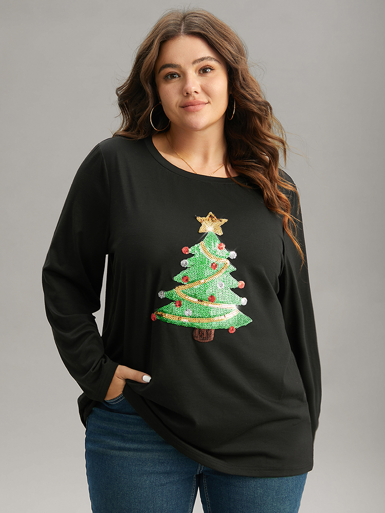 

Plus Size Christmas Trees Sequin Round Neck T-shirt Black Women Casual Sequin Christmas Festival-Christmas T-shirts BloomChic