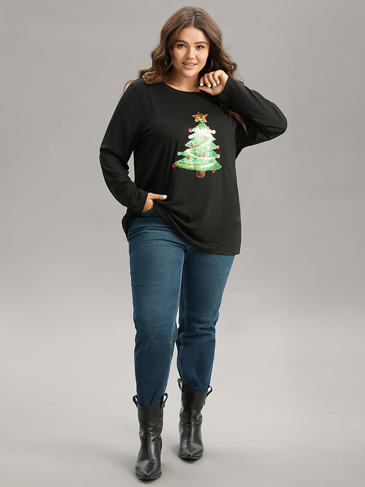 Plus Size Christmas Trees Sequin Round Neck T-shirt Black Women Casual Sequin Christmas Festival-Christmas T-shirts BloomChic 22-24/3X 