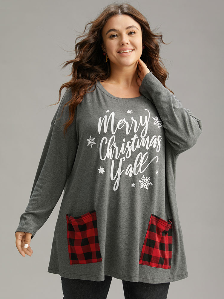 

Plus Size Christmas Letter Plaid Patchwork Pocket T-shirt DimGray Women Casual Contrast Christmas Festival-Halloween T-shirts BloomChic