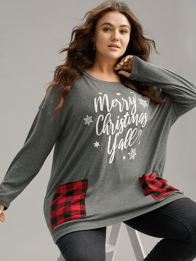 Plus Size Christmas Letter Plaid Patchwork Pocket T-shirt DimGray Women Casual Contrast Christmas Festival-Halloween T-shirts BloomChic 26/4X 