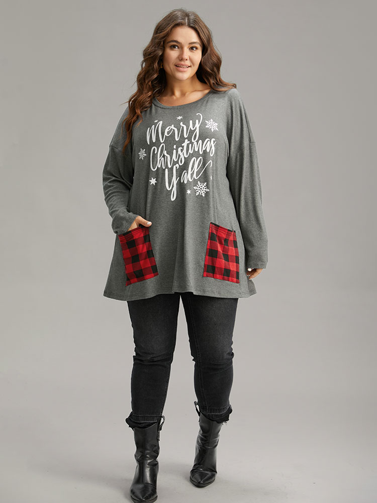 Plus Size Christmas Letter Plaid Patchwork Pocket T-shirt DimGray Women Casual Contrast Christmas Festival-Halloween T-shirts BloomChic 26/4X 