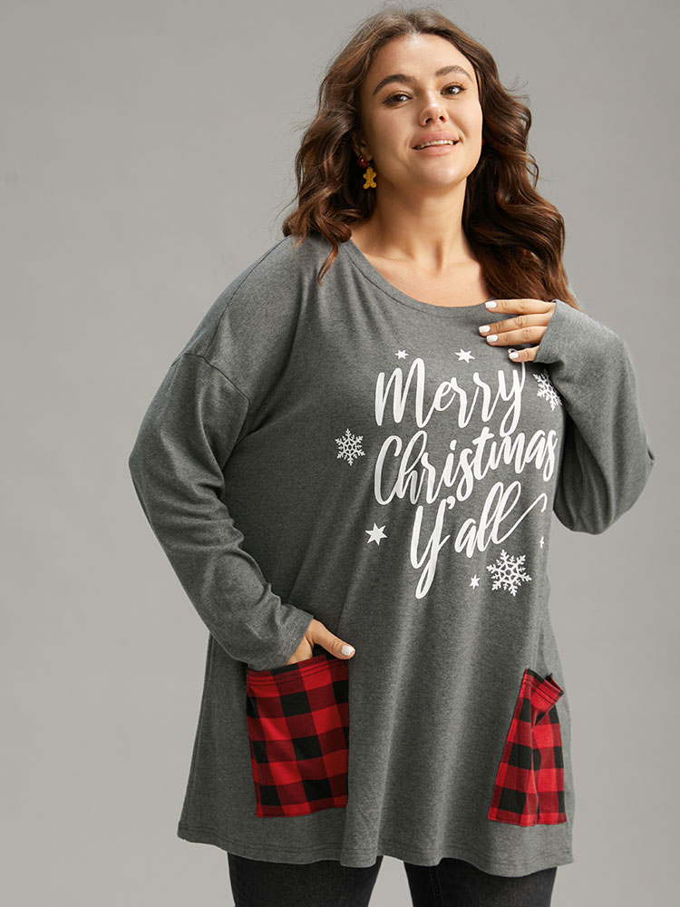 Plus Size Christmas Letter Plaid Patchwork Pocket T-shirt DimGray Women Casual Contrast Christmas Festival-Halloween T-shirts BloomChic 26/4X 