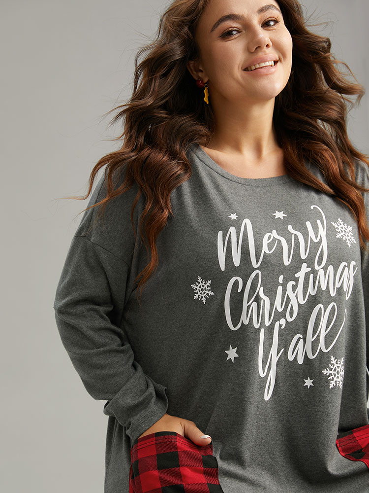 Plus Size Christmas Letter Plaid Patchwork Pocket T-shirt DimGray Women Casual Contrast Christmas Festival-Halloween T-shirts BloomChic 26/4X 