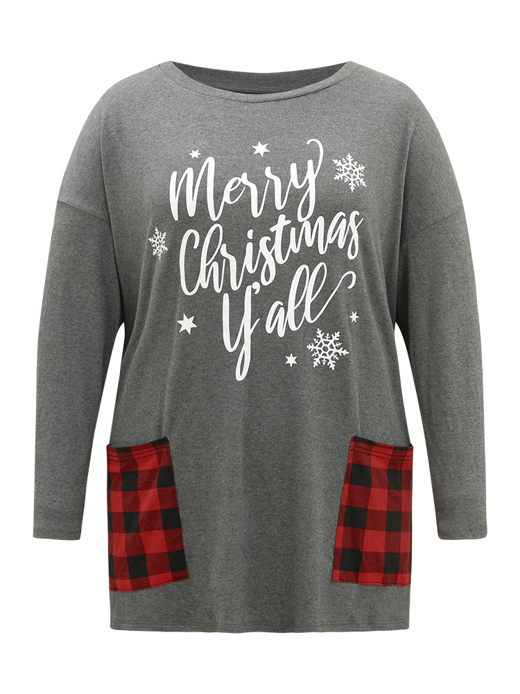 Plus Size Christmas Letter Plaid Patchwork Pocket T-shirt DimGray Women Casual Contrast Christmas Festival-Halloween T-shirts BloomChic 26/4X 