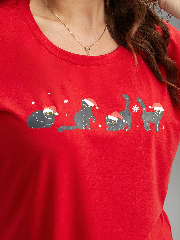 

Plus Size Christmas Cat Print Cuffed Sleeve T-shirt Red Women Casual Printed Christmas Festival-Christmas T-shirts BloomChic