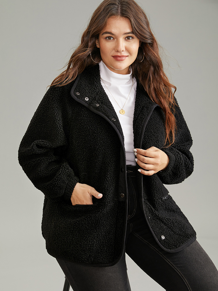 

Plus Size Solid Button Through Teddy Coat Women Black Casual Lined Ladies Dailywear Winter Coats BloomChic