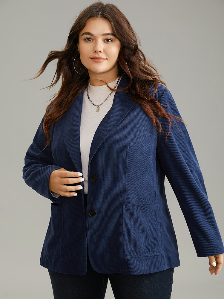 

Plus Size Solid Corduroy Suit Collar Button Up Blazer DarkBlue Women Dailywear Plain Lined Sleeve Long Sleeve Suit Collar  Pocket Casual Blazers BloomChic
