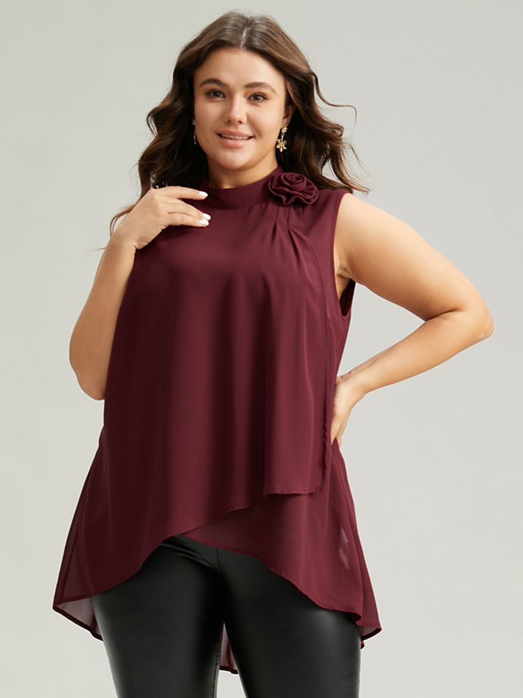 

Plus Size Rose Detail Layered High Low Hem Chiffon Tank Top Women Burgundy Casual Plain Mock Neck Festival-Christmas Tank Tops Camis BloomChic