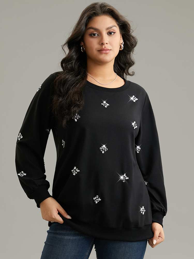 Plus Size Women Dailywear Plain Beaded Regular Regular Sleeve Long Sleeve Round Neck Elegant Sweatshirts BloomChic 