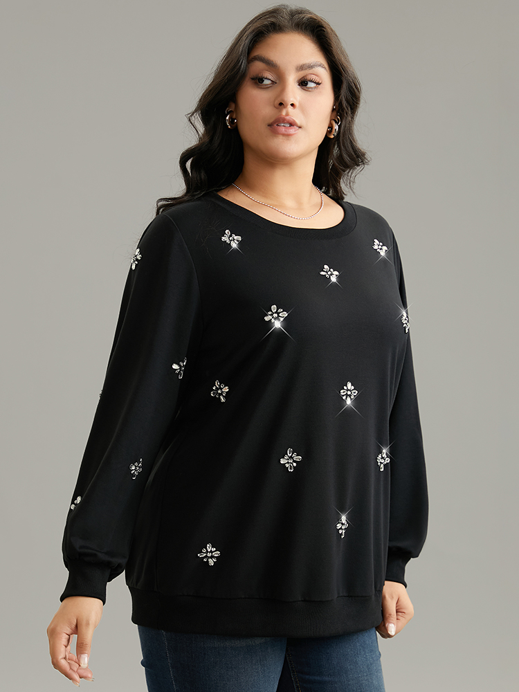 Plus Size Women Dailywear Plain Beaded Regular Regular Sleeve Long Sleeve Round Neck Elegant Sweatshirts BloomChic 