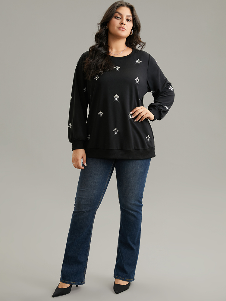 Plus Size Women Dailywear Plain Beaded Regular Regular Sleeve Long Sleeve Round Neck Elegant Sweatshirts BloomChic 
