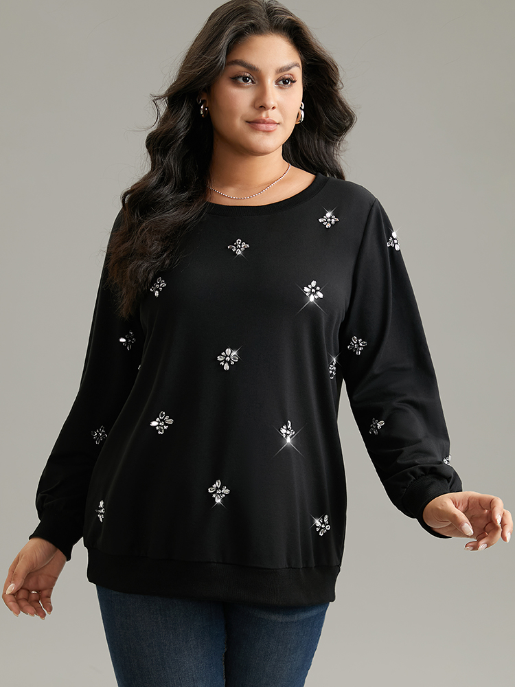 

Plus Size Beaded Floral Elastic Cuffs Sweatshirt Women Black Elegant Beaded Round Neck Dailywear Sweatshirts BloomChic