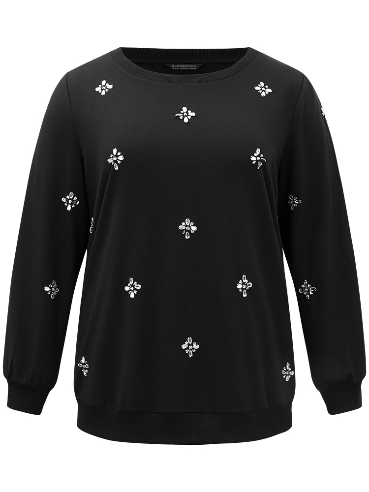 Plus Size Women Dailywear Plain Beaded Regular Regular Sleeve Long Sleeve Round Neck Elegant Sweatshirts BloomChic 